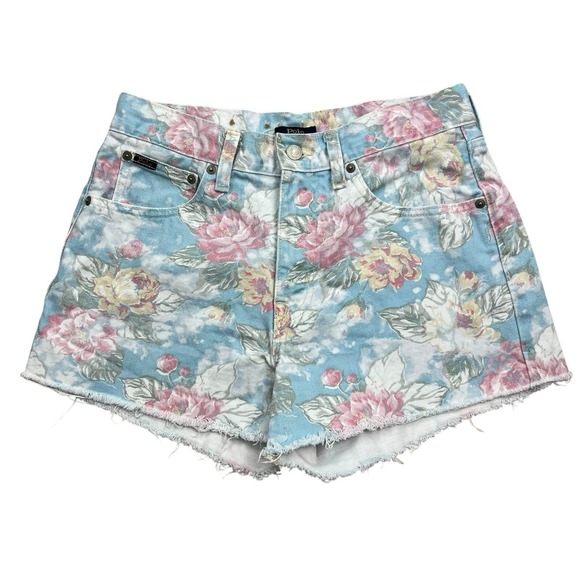 Polo Ralph Lauren Pants - Polo Ralph Lauren Shorts Womens Size 28 Blue‎ Pink Floral Denim Cutoff